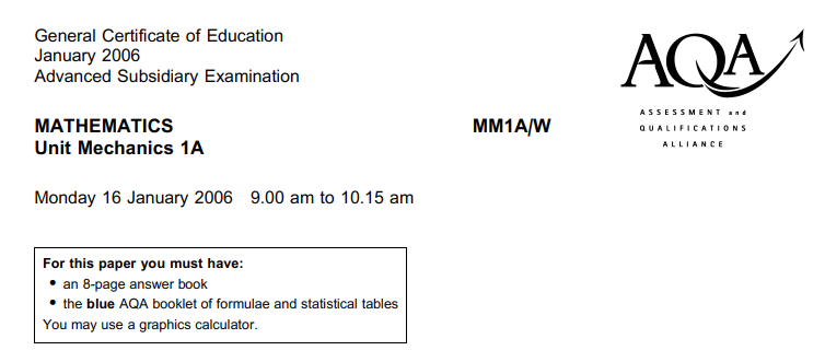 A-Level数学：AQA-MM1A-W-QP-Jan06