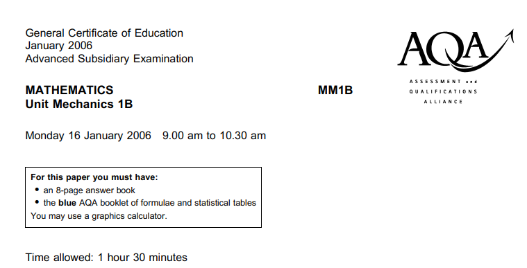 A-Level数学：AQA-MM1B-W-QP-Jan06